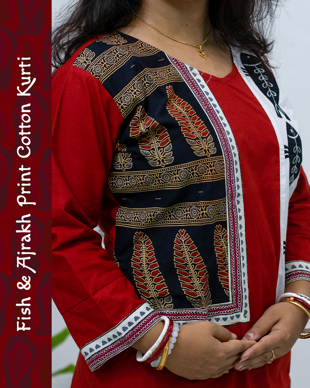 Cotton Kurti with Ajrakh Block and Fish Print Patch Work
