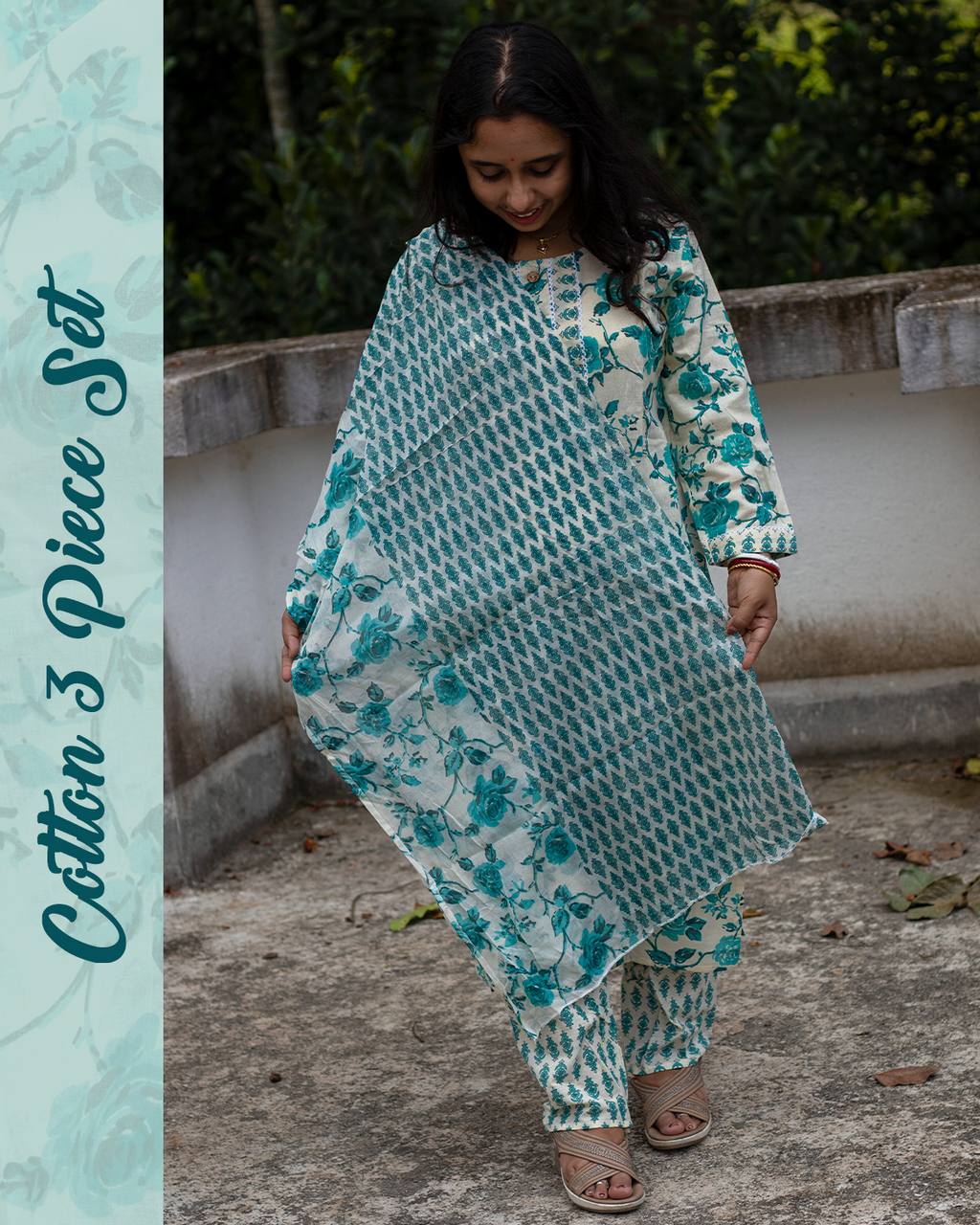 Woman wearing a teal and white patterned cotton outfit with text 'Cotton 3 Piece Set' on the left.