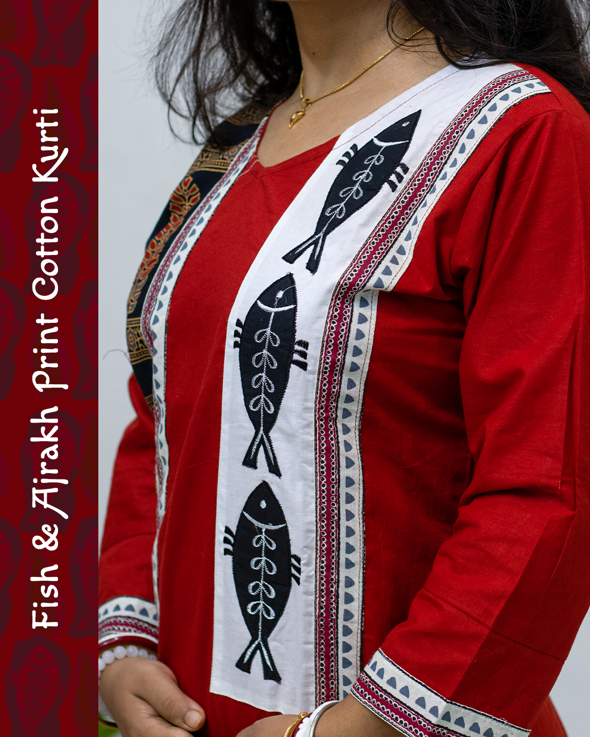 Cotton Kurti with Ajrakh Block and Fish Print Patch Work