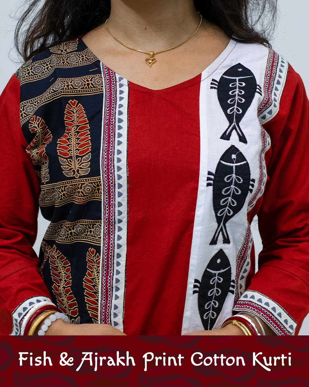 Cotton Kurti with Ajrakh Block and Fish Print Patch Work