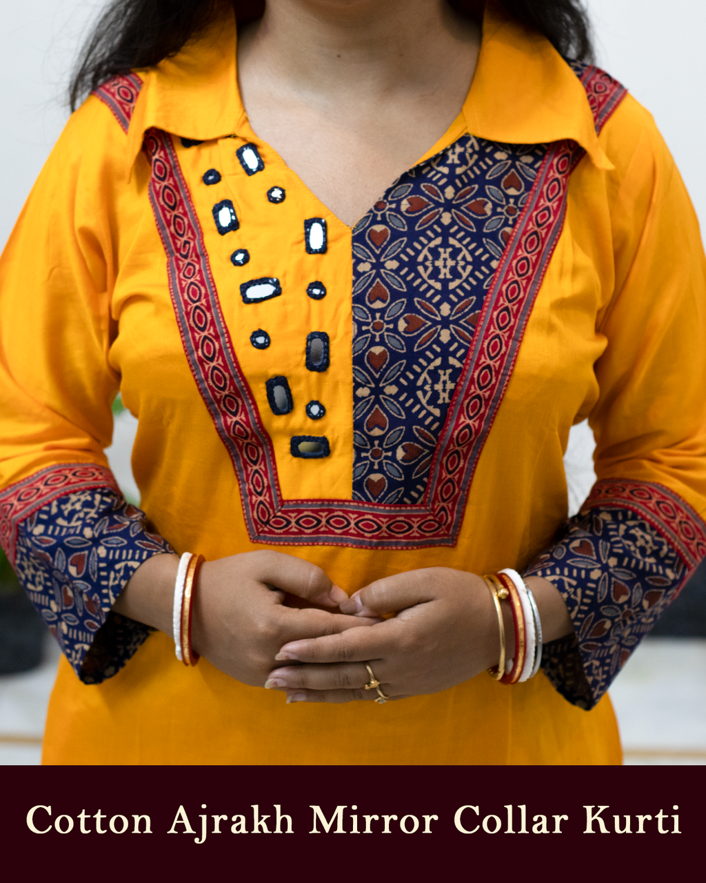 Cotton Ajrakh Mirror Collar Kurti