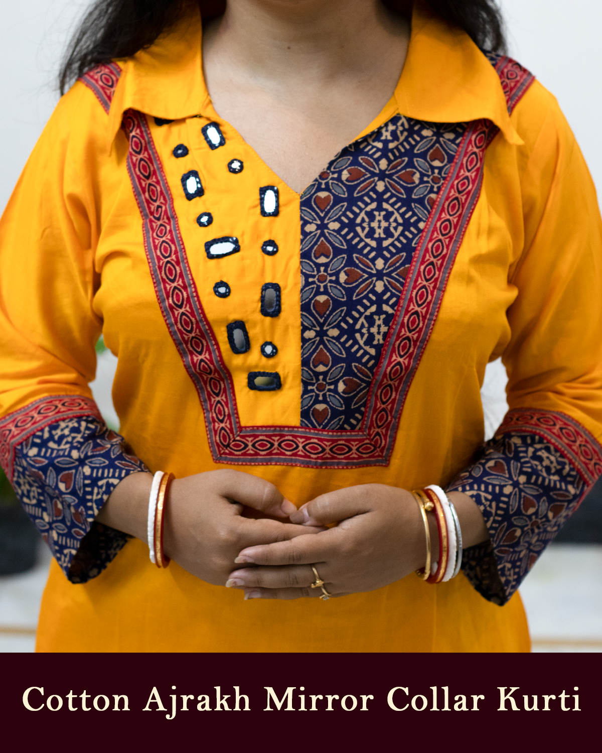 Cotton Ajrakh Mirror Collar Kurti