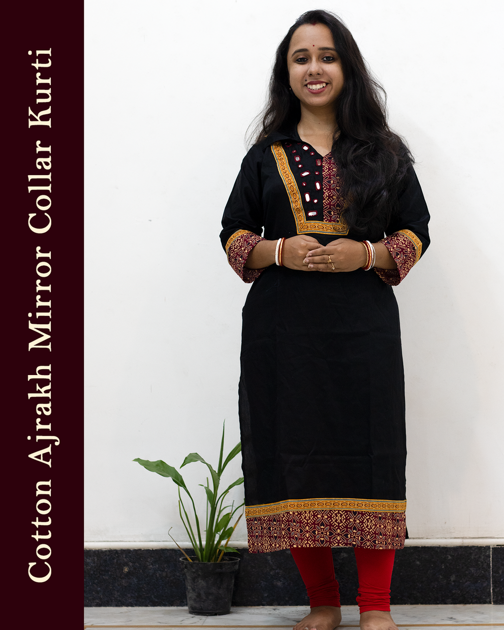 Cotton Ajrakh Mirror Collar Kurti