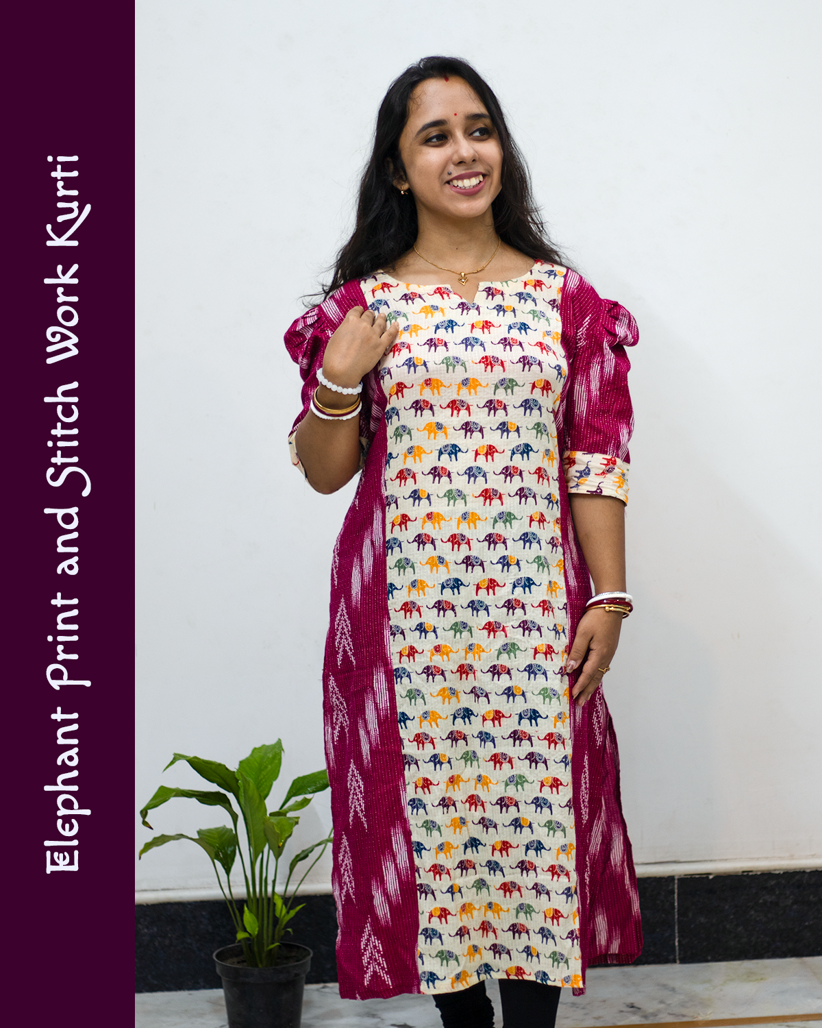 Elephant Print and Stitch Work Cotton Kurti