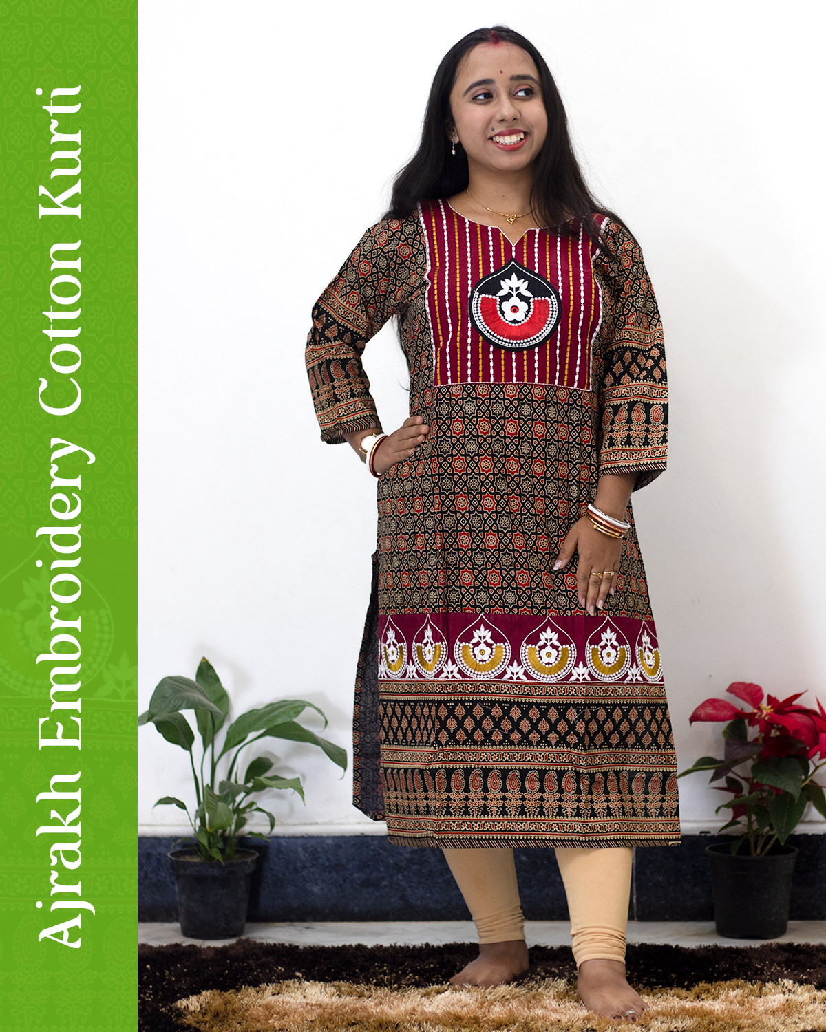 Ajrakh Emboidery Cotton Kurti