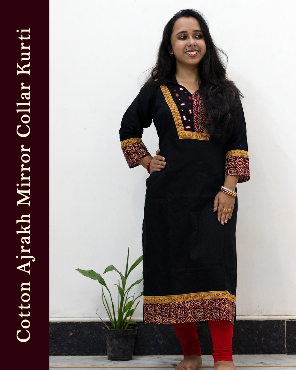 Cotton Ajrakh Mirror Collar Kurti