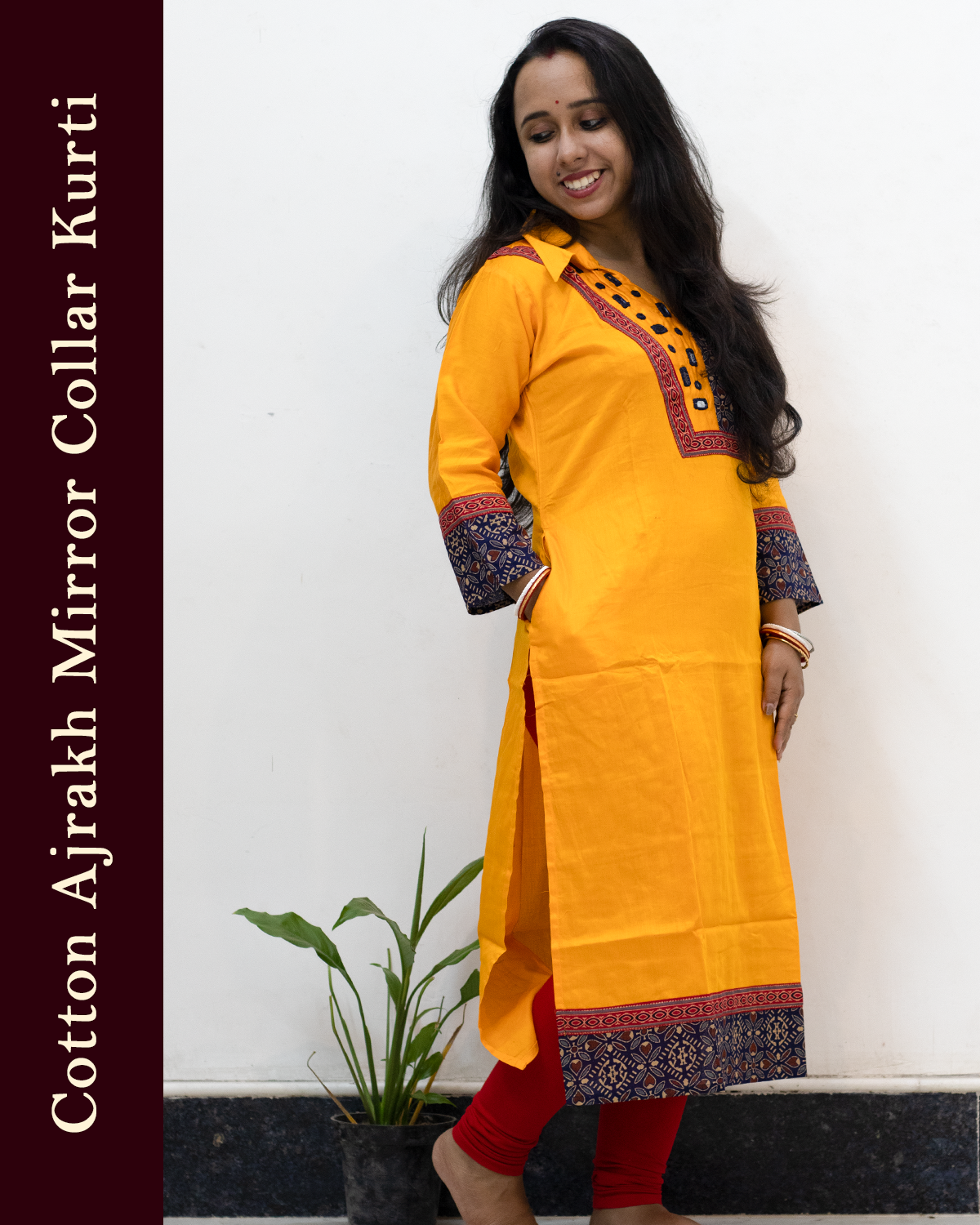 Cotton Ajrakh Mirror Collar Kurti