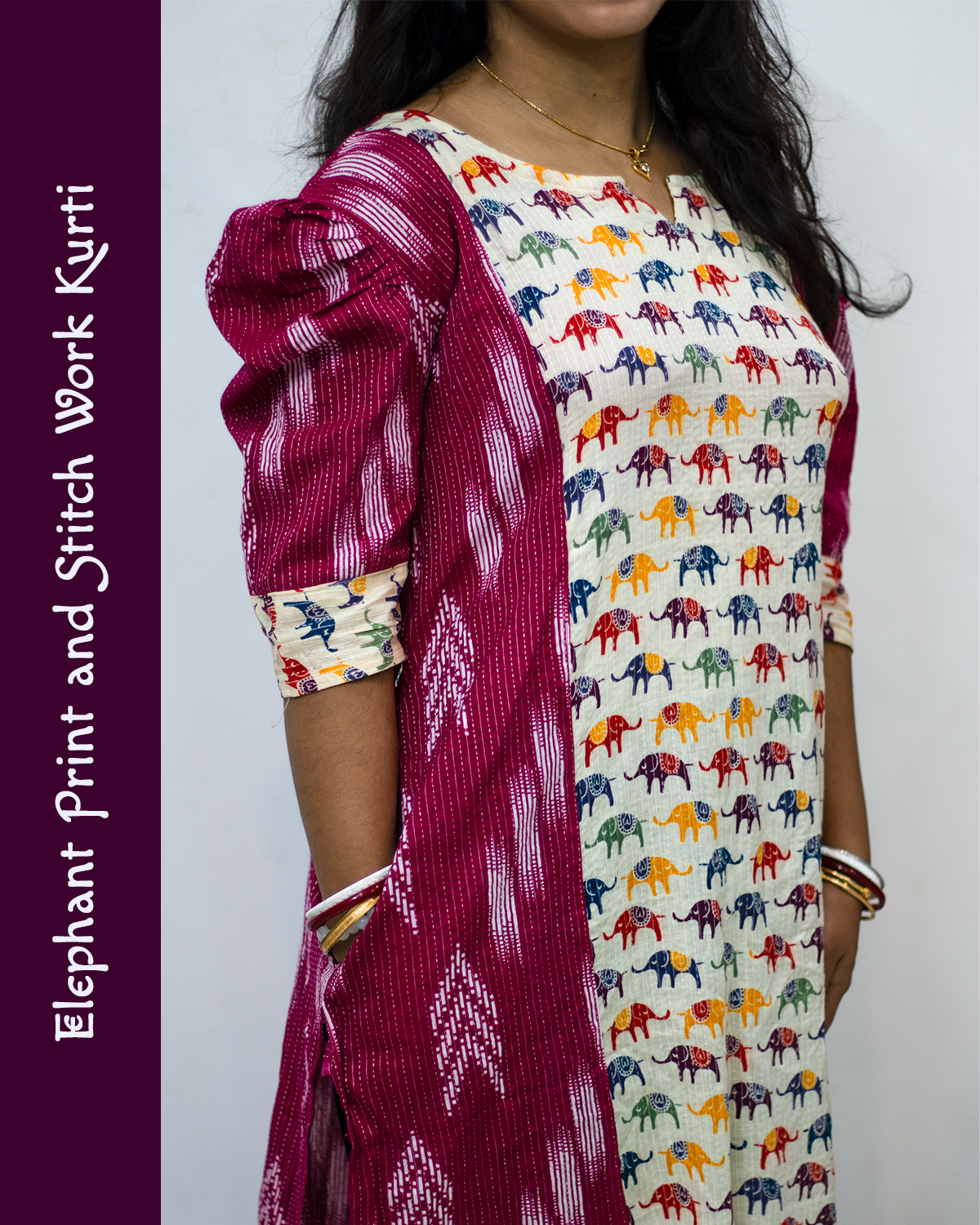 Elephant Print and Stitch Work Cotton Kurti
