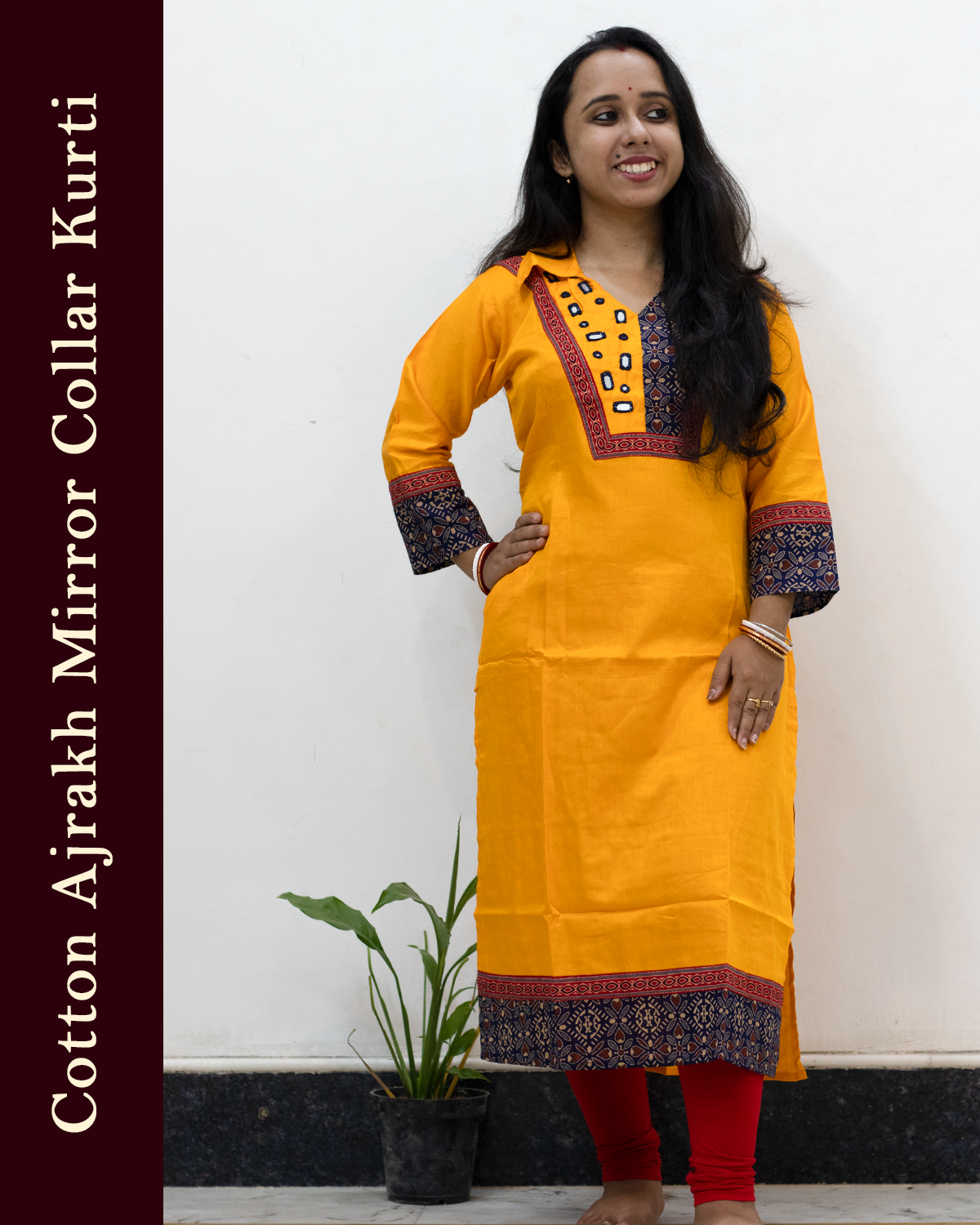 Cotton Ajrakh Mirror Collar Kurti