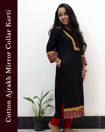 Cotton Ajrakh Mirror Collar Kurti