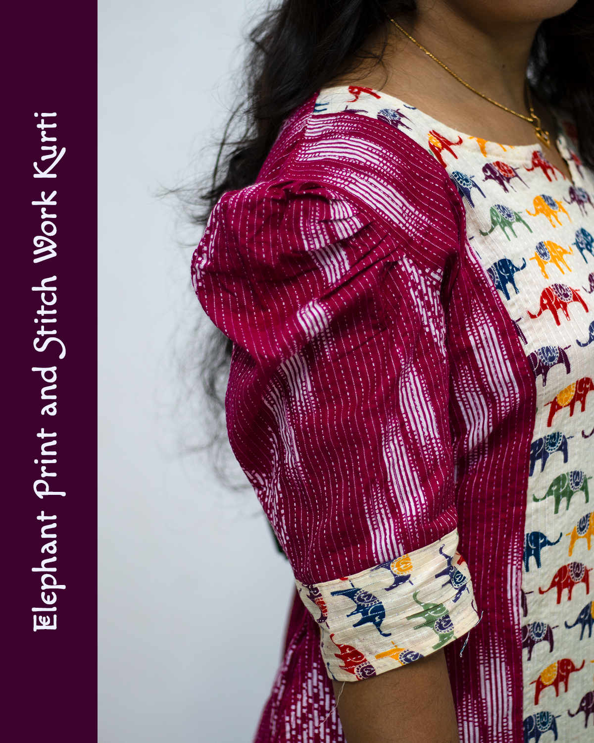 Elephant Print and Stitch Work Cotton Kurti