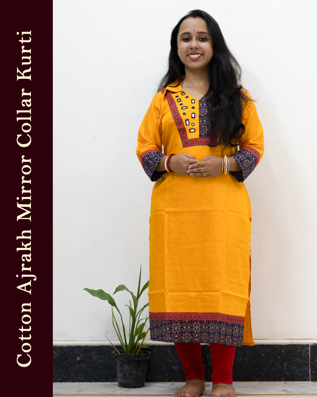 Cotton Ajrakh Mirror Collar Kurti