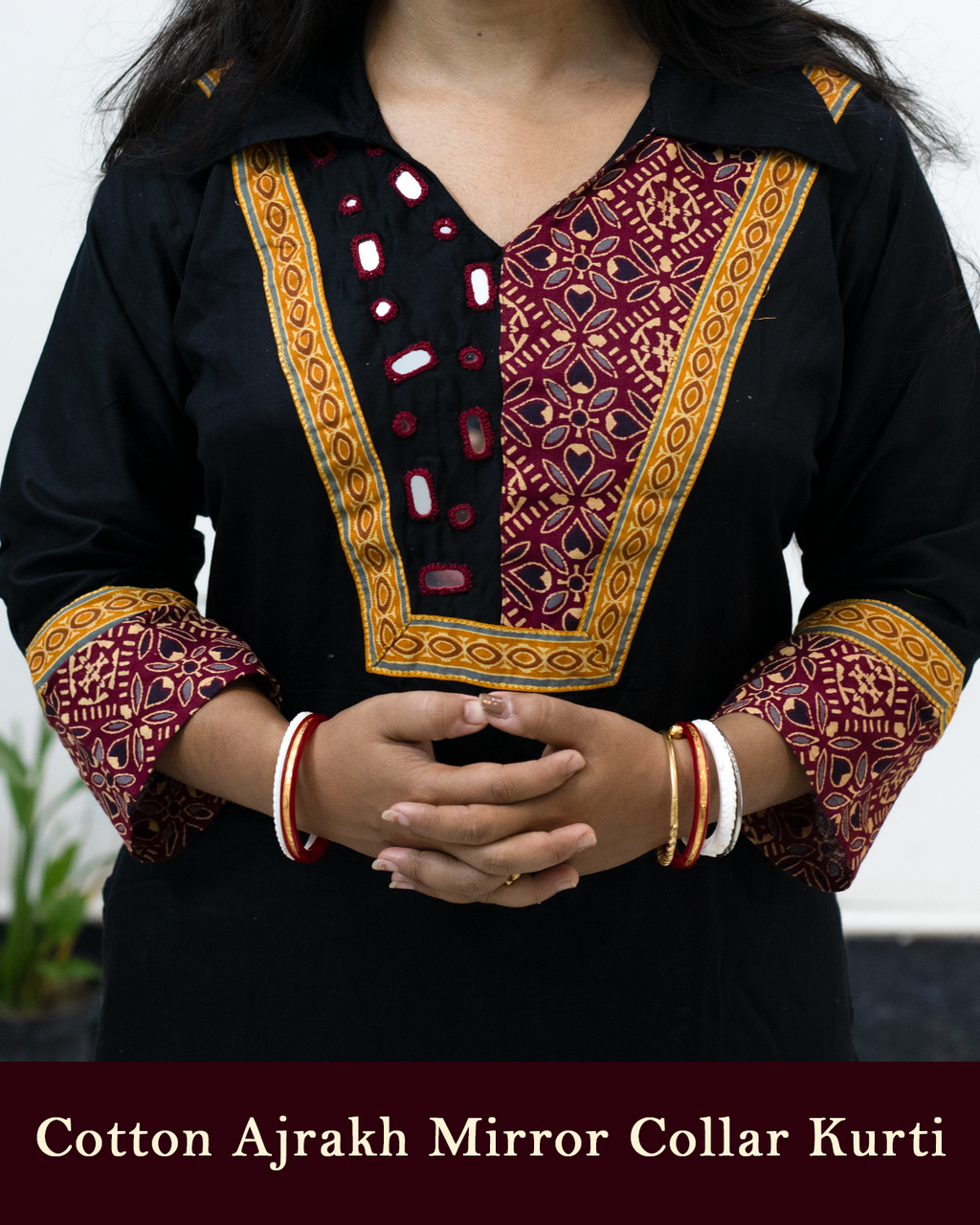 Cotton Ajrakh Mirror Collar Kurti