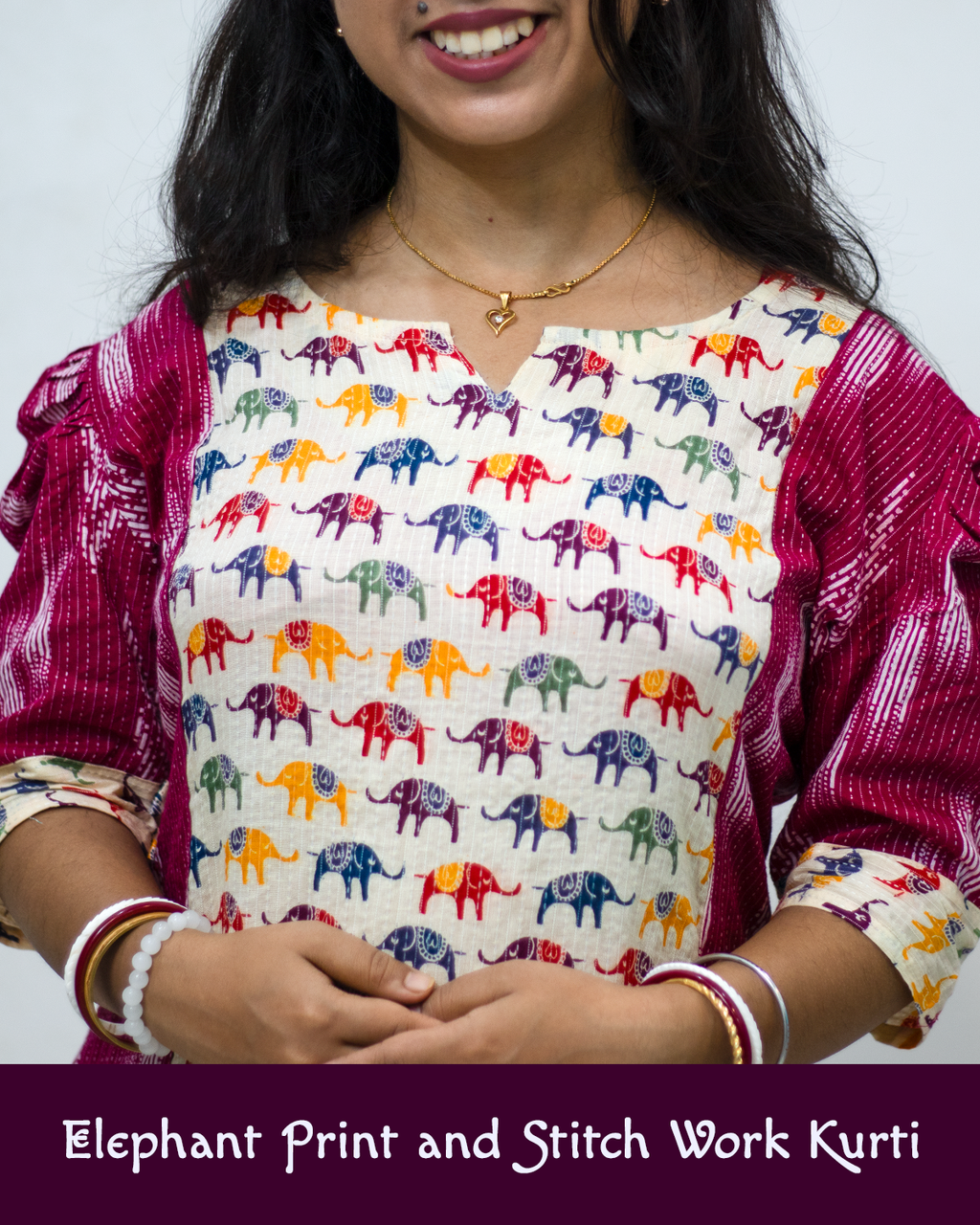 Elephant Print and Stitch Work Cotton Kurti