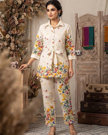 Floral Digital Print Flex Cotton Co-Ord Set with Belt