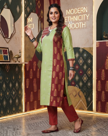 Handloom Cotton Kurti with Ajrakh Panel & Mirror Work